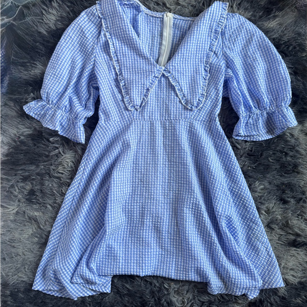 Girls Light Blue Gingham Ruffle Collar Dress